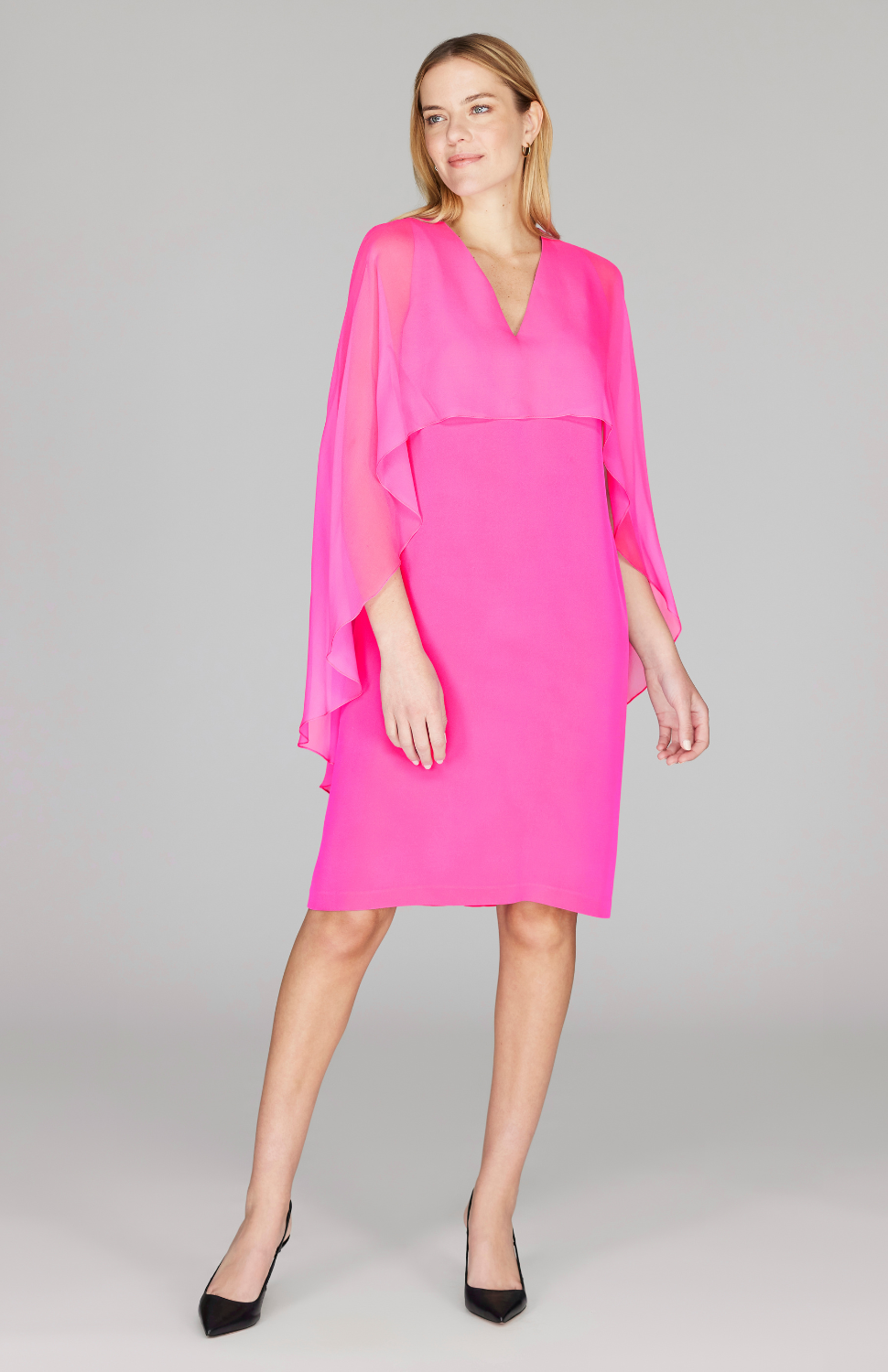 Silk Dress w/Chiffon V Neck Overlay Silk Dress w/Chiffon V Neck Overlay