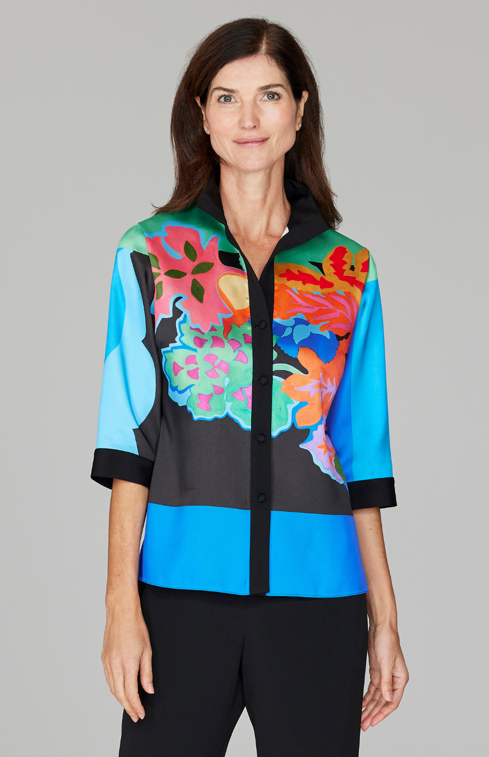 Color Block Floral High Neck Shirt