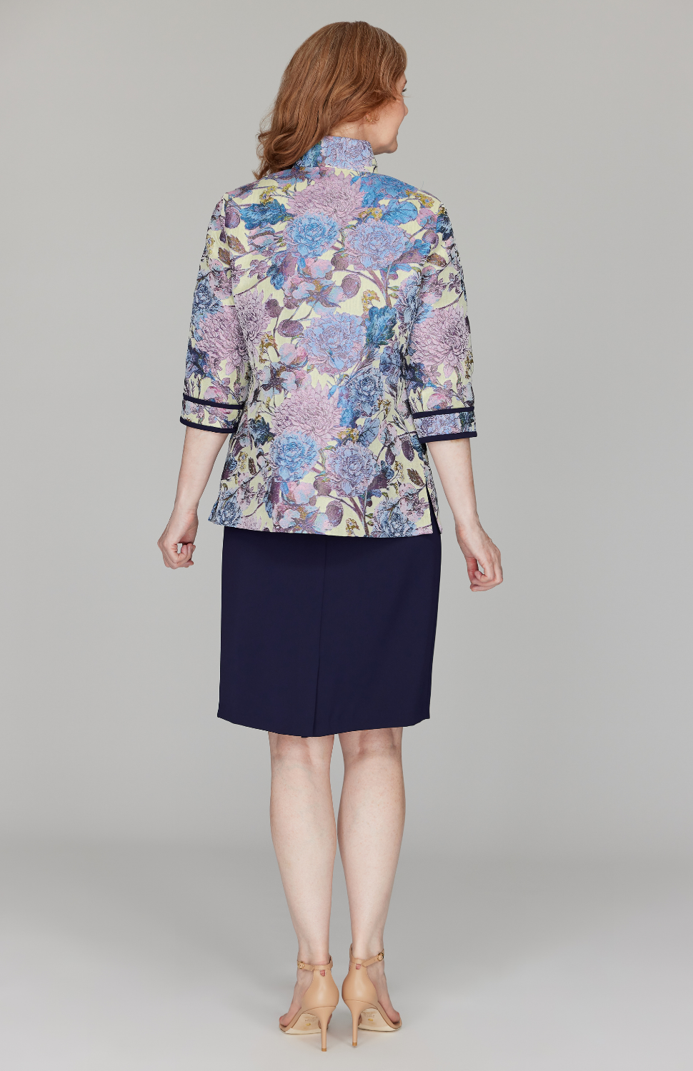Peony Jacquard Open Front High Neck Shirt w/ Bias