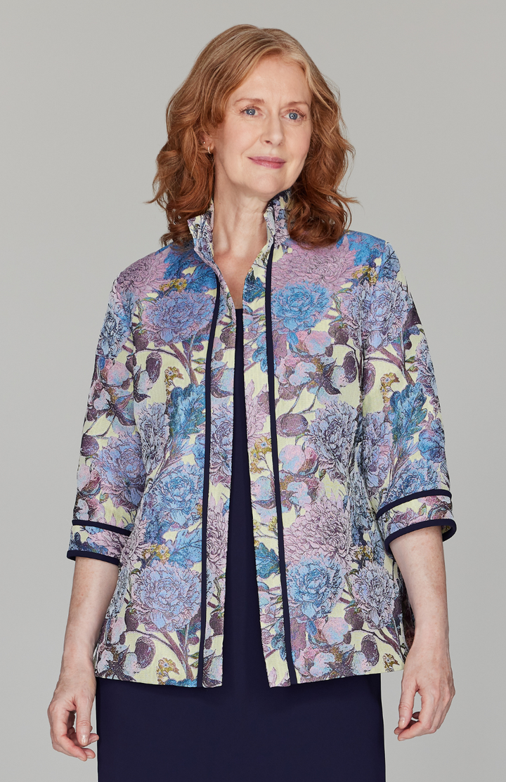 Peony Jacquard Open Front High Neck Shirt w/ Bias