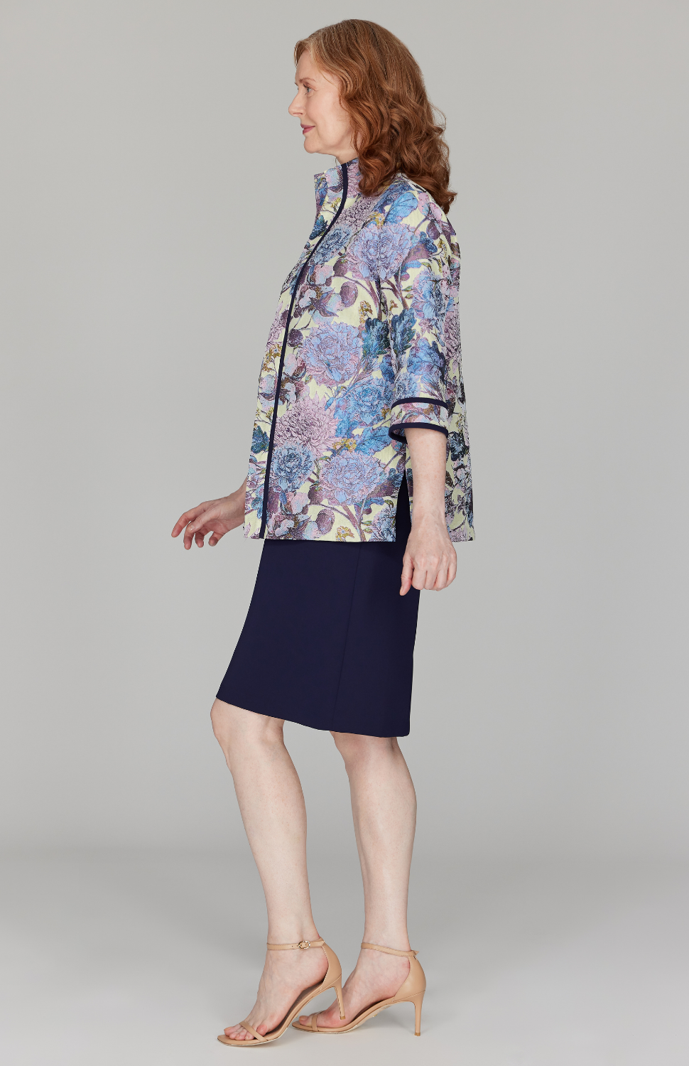 Peony Jacquard Open Front High Neck Shirt w/ Bias
