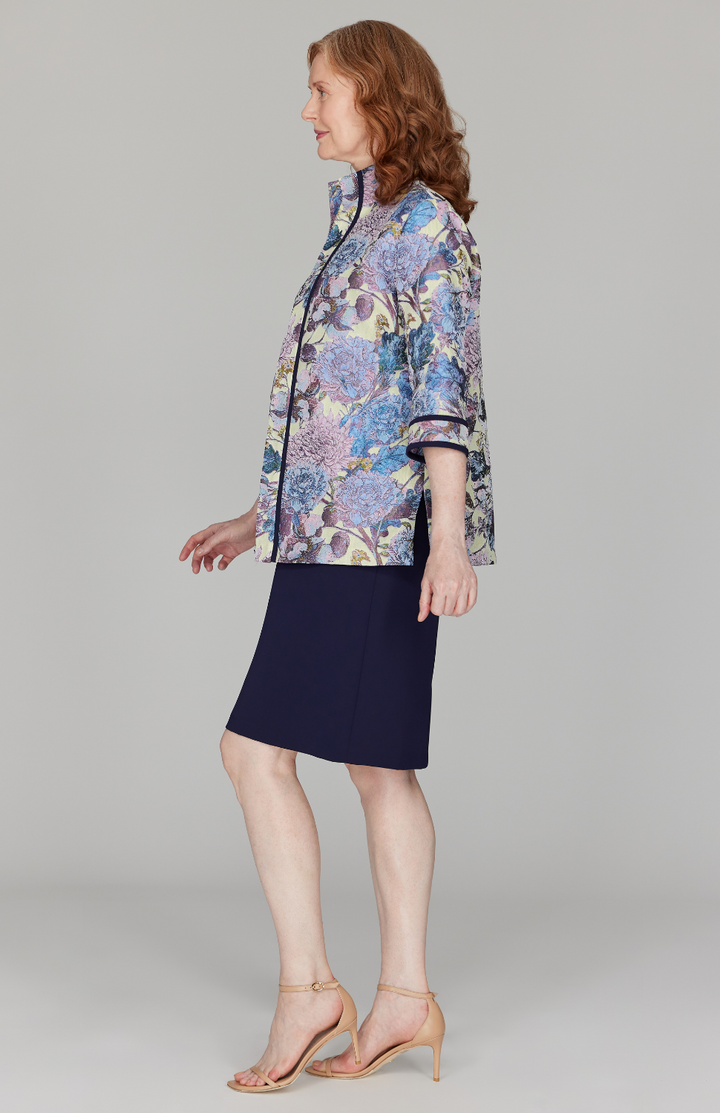 Peony Jacquard Open Front High Neck Shirt w/ Bias