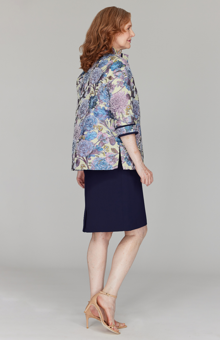 Peony Jacquard Open Front High Neck Shirt w/ Bias