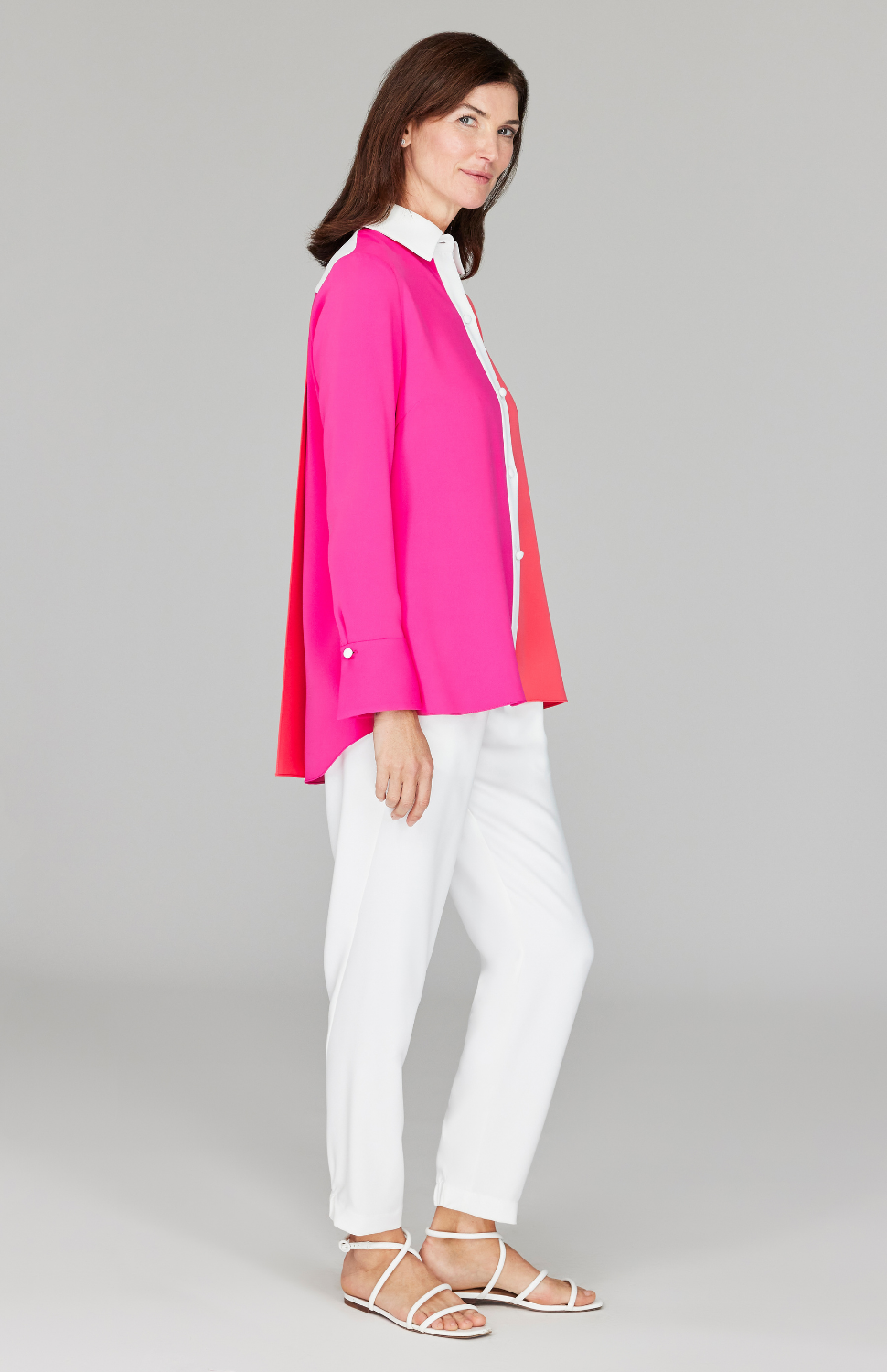 Color Block Lustrous Crepe Back Overlap Shirt