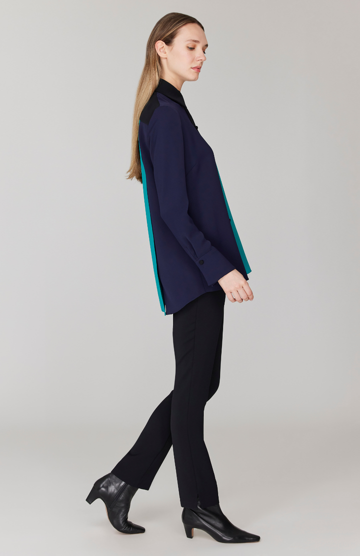 Lustrous Crepe Color Block Back Overlap Shirt