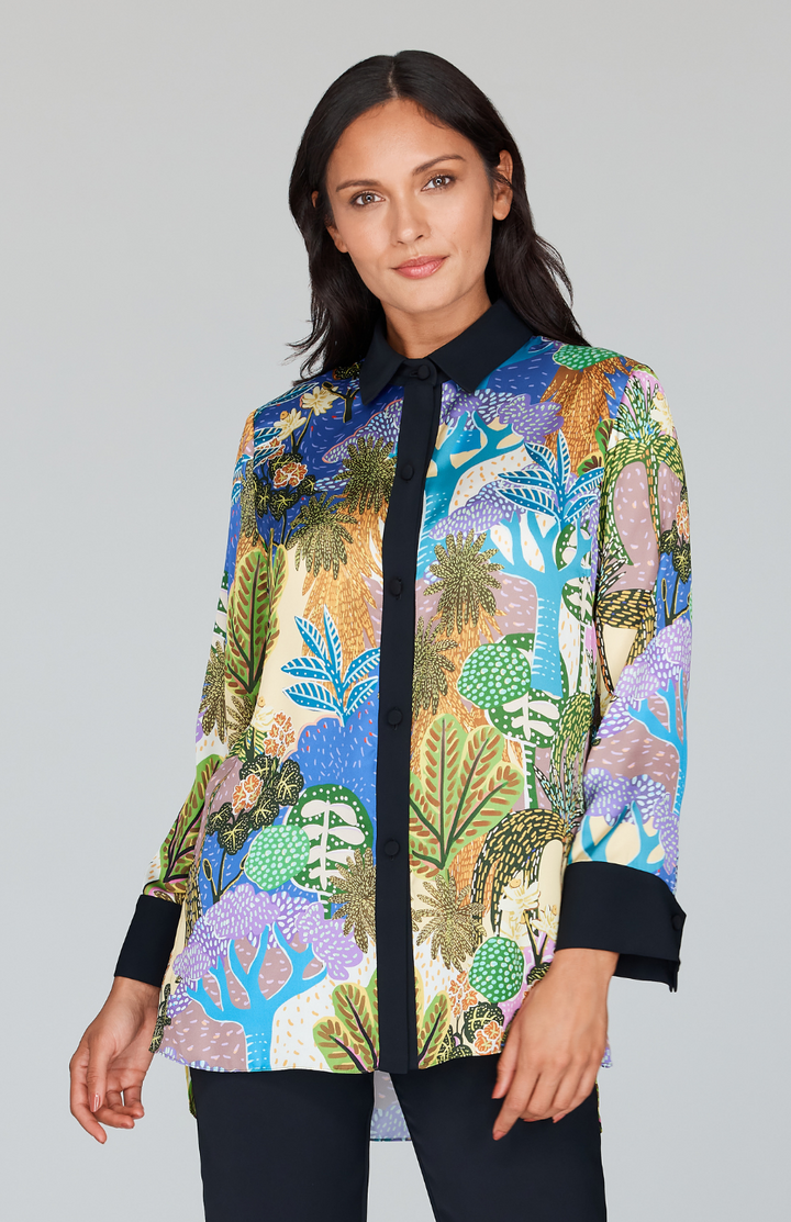 Oasis Print Collared Button Down w/ Side Tab