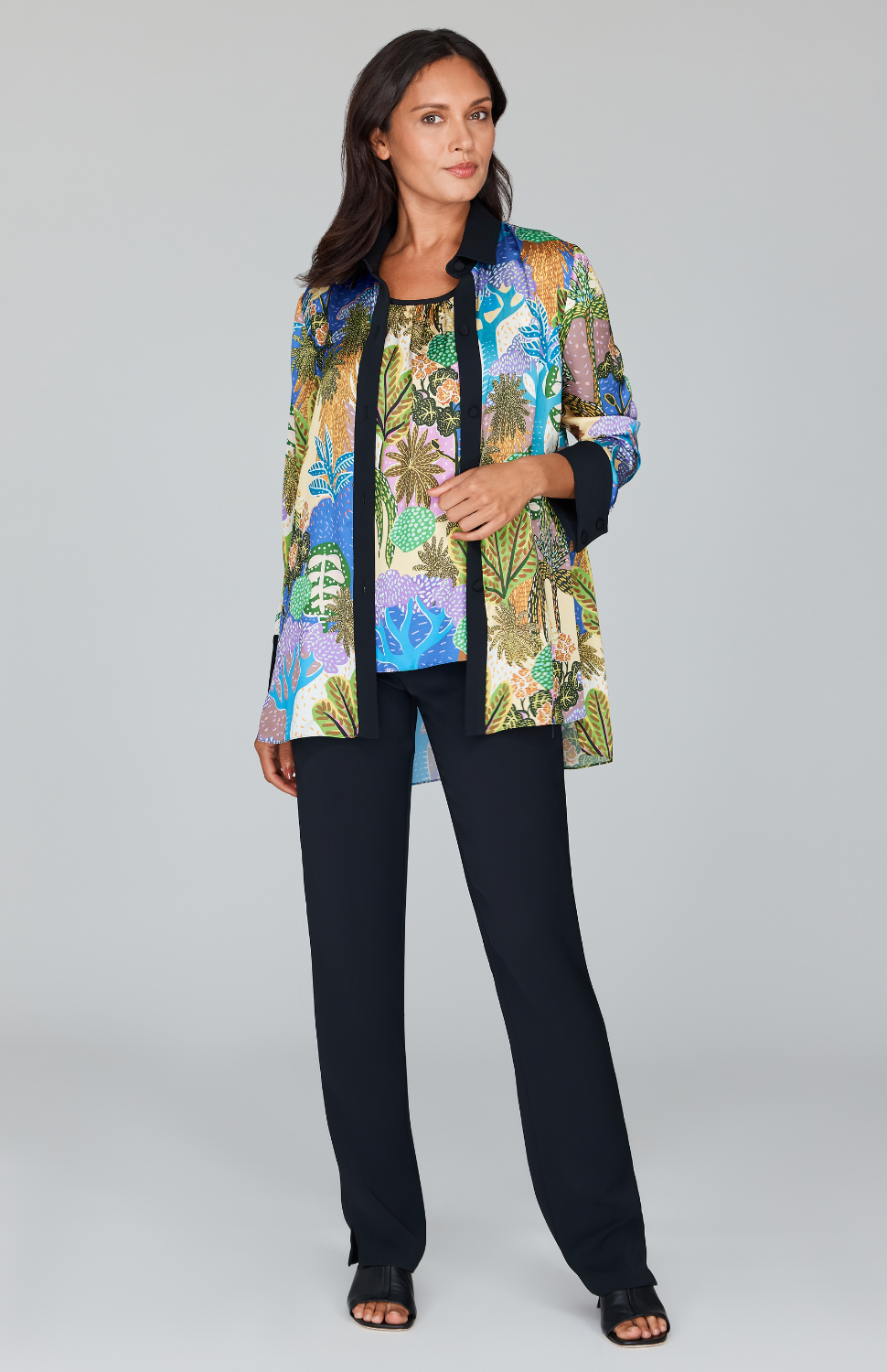 Oasis Print Collared Button Down w/ Side Tab