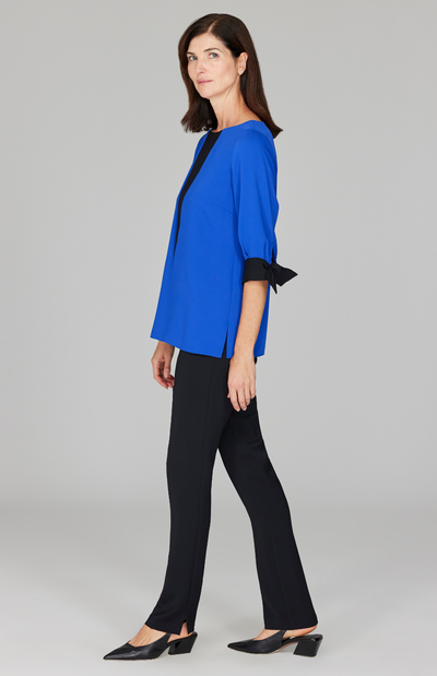 Lustrous Crepe 3/4 Sleeve Blouse w/ Tie Cuff and V Inset