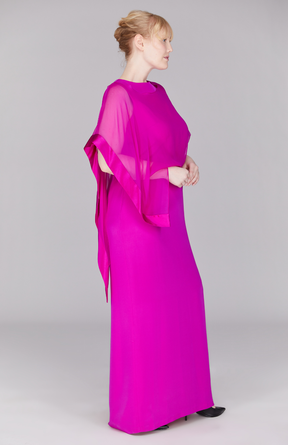 Silk Gown w/Chiffon Side Drape & Satin Trim