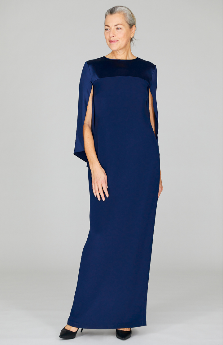 Long Sleeve Silk Gown with Satin Contrast