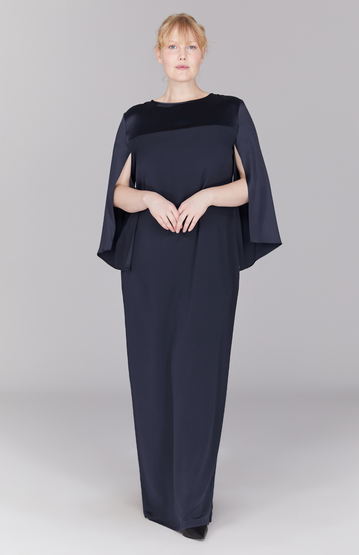 Long Sleeve Silk Gown with Satin Contrast