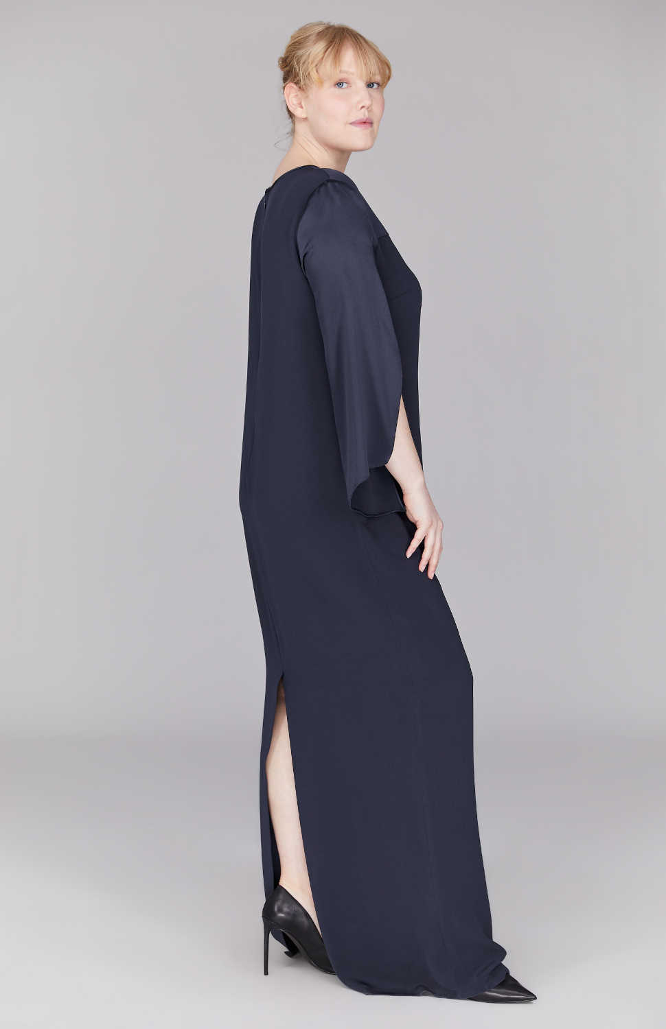 Long Sleeve Silk Gown with Satin Contrast