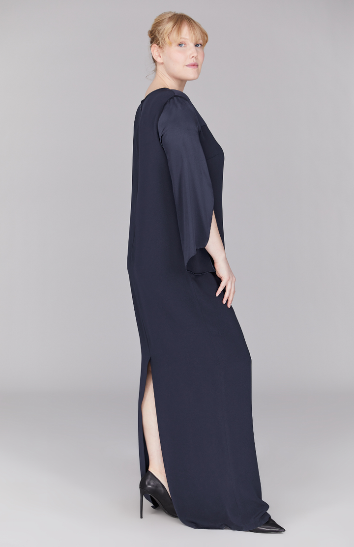 Long Sleeve Silk Gown with Satin Contrast