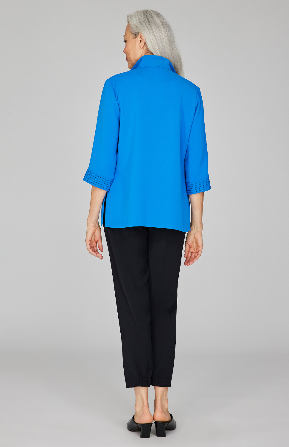 Lustrous Crepe Open Front High Neck Shirt Jacket w/ Trapunto Stitch Detail