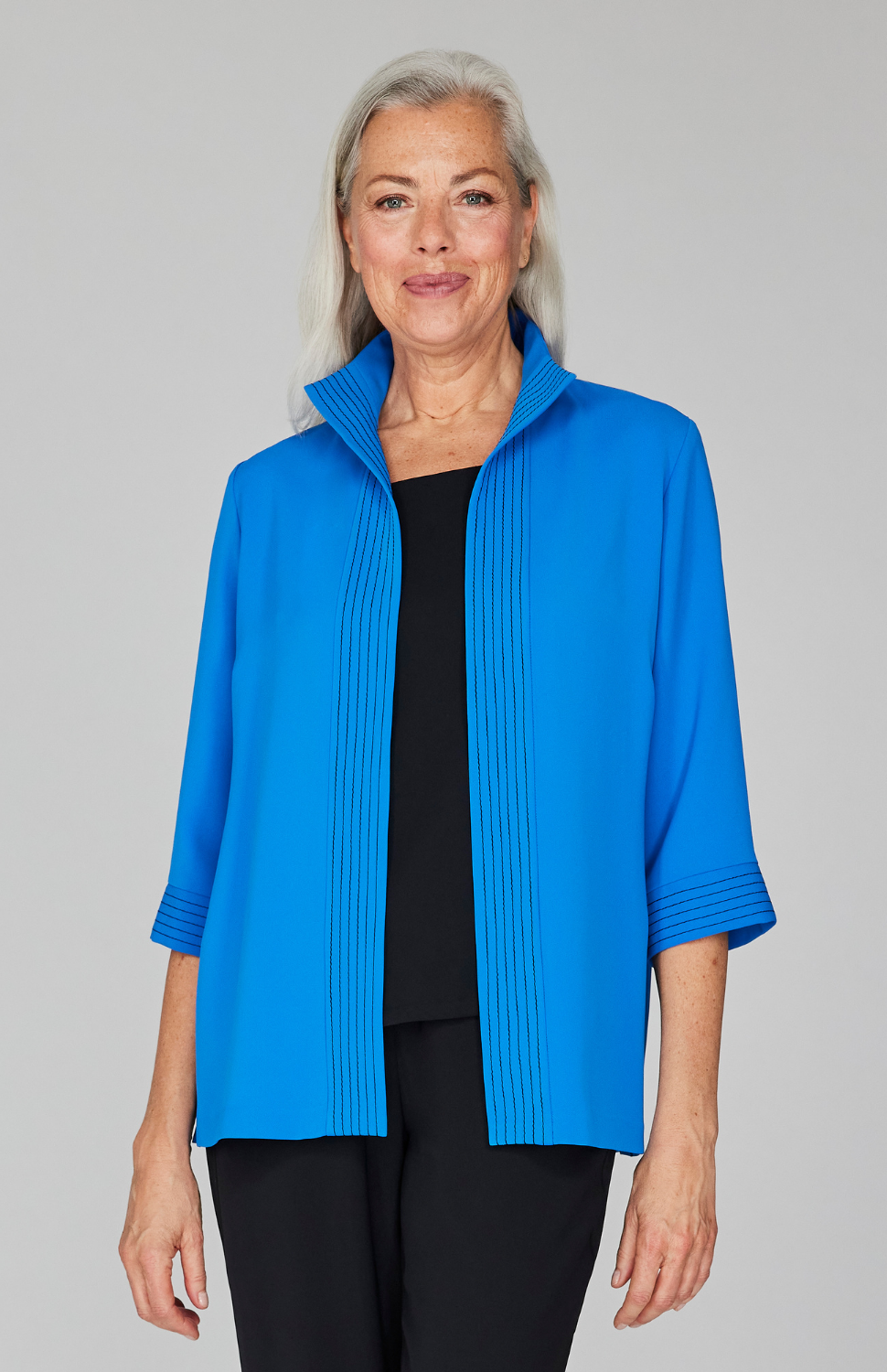Lustrous Crepe Open Front High Neck Shirt Jacket w/ Trapunto Stitch Detail