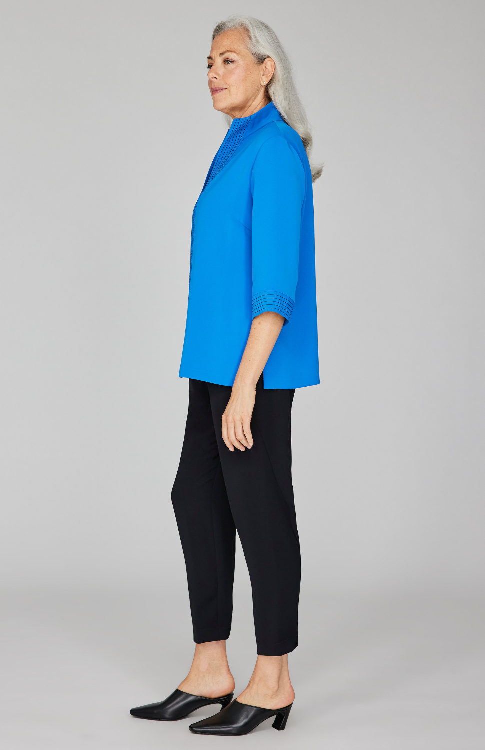 Lustrous Crepe Open Front High Neck Shirt Jacket w/ Trapunto Stitch Detail
