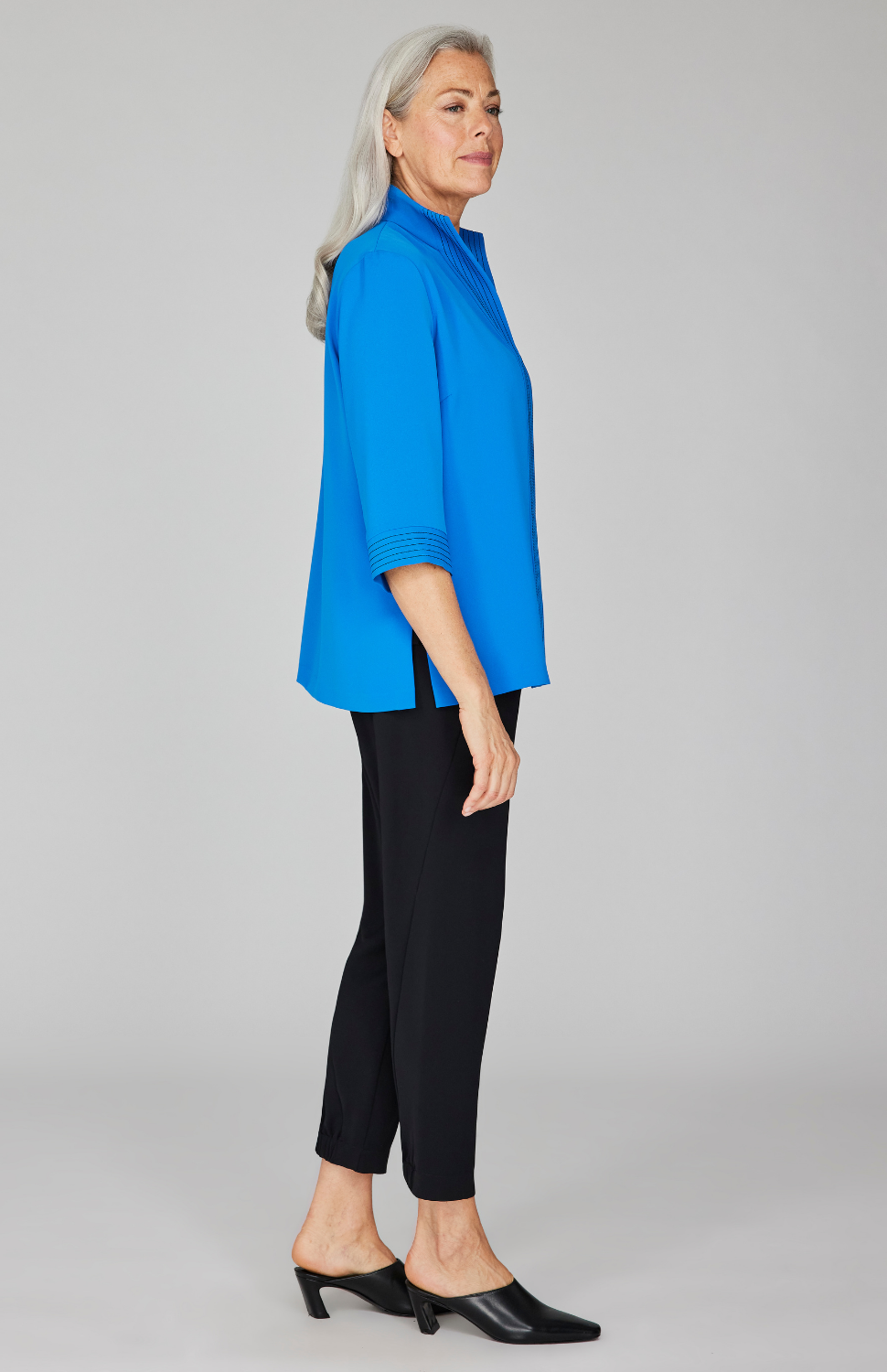 Lustrous Crepe Open Front High Neck Shirt Jacket w/ Trapunto Stitch Detail