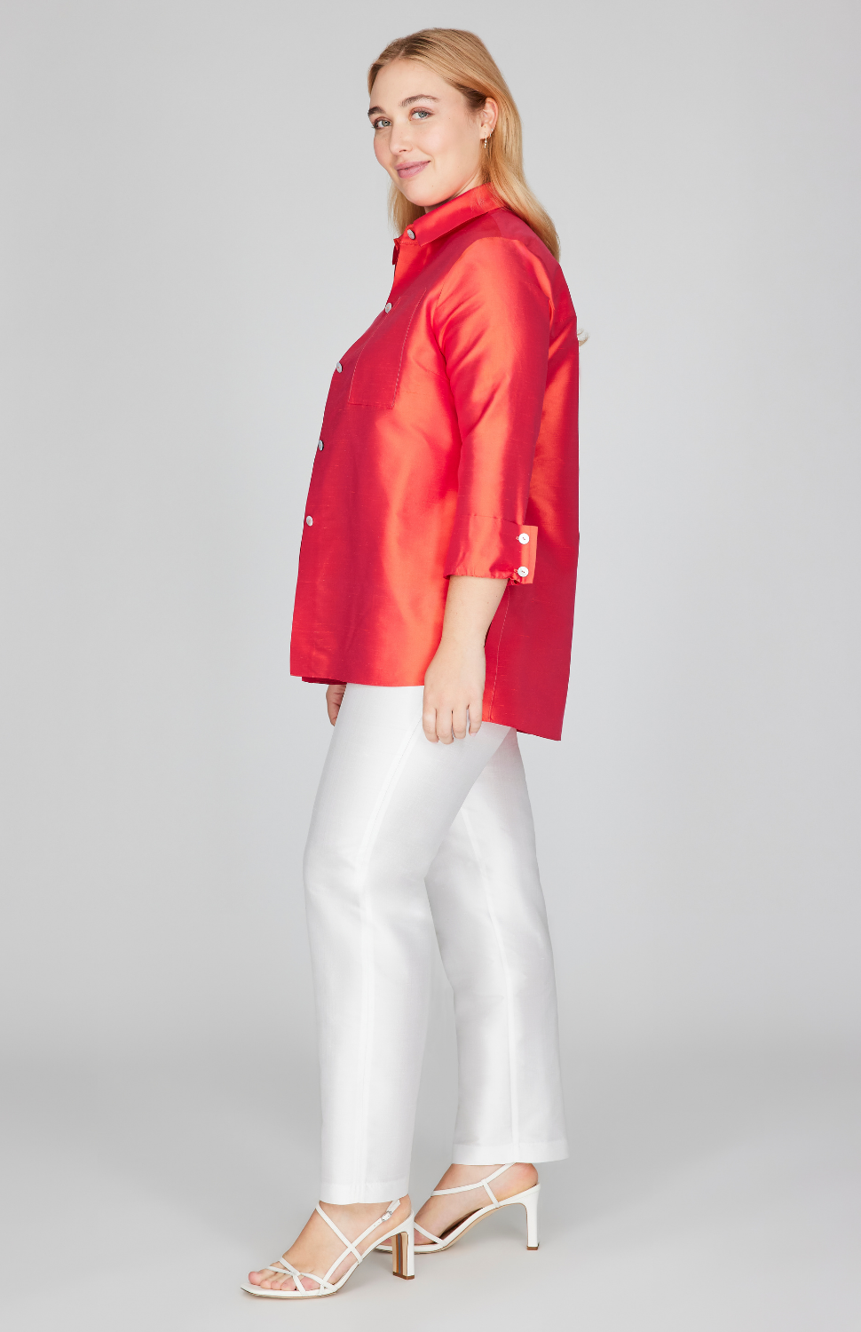 Silk Shantung Collared Button Down w/ Side Tab