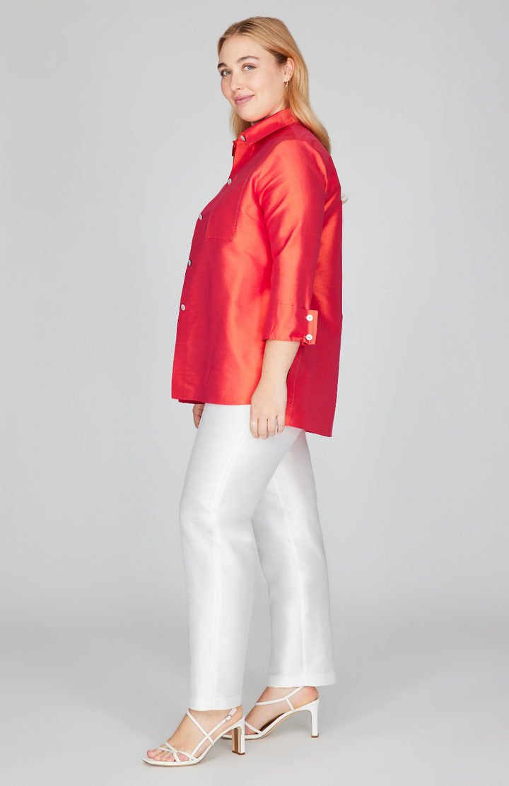 Silk Shantung Collared Button Down w/ Side Tab