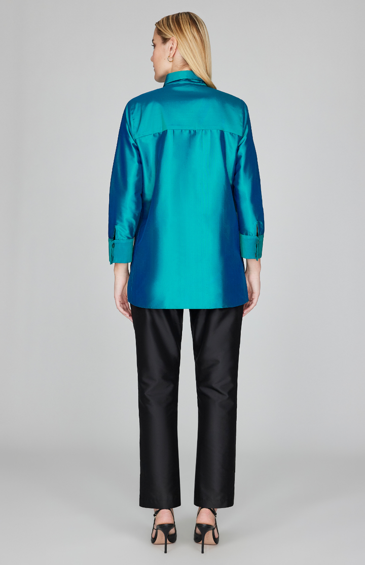 Silk Shantung Collared Button Down w/ Side Tab