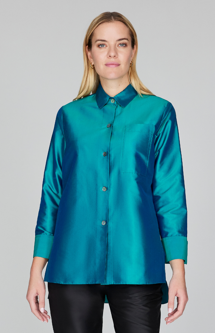 Silk Shantung Collared Button Down w/ Side Tab