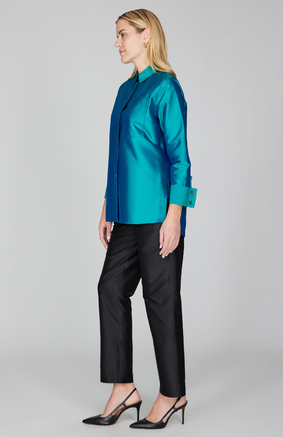 Silk Shantung Collared Button Down w/ Side Tab