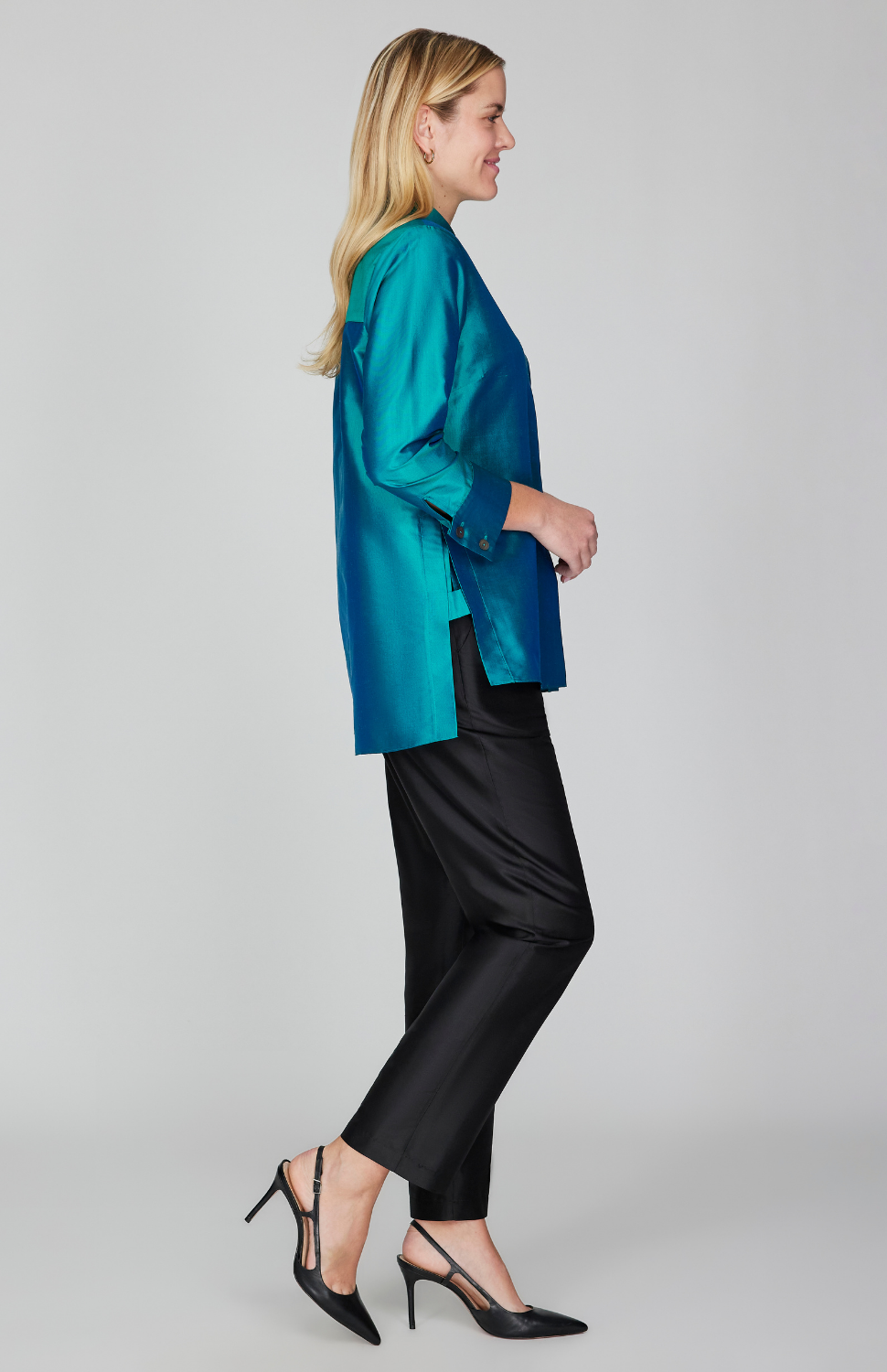 Silk Shantung Collared Button Down w/ Side Tab