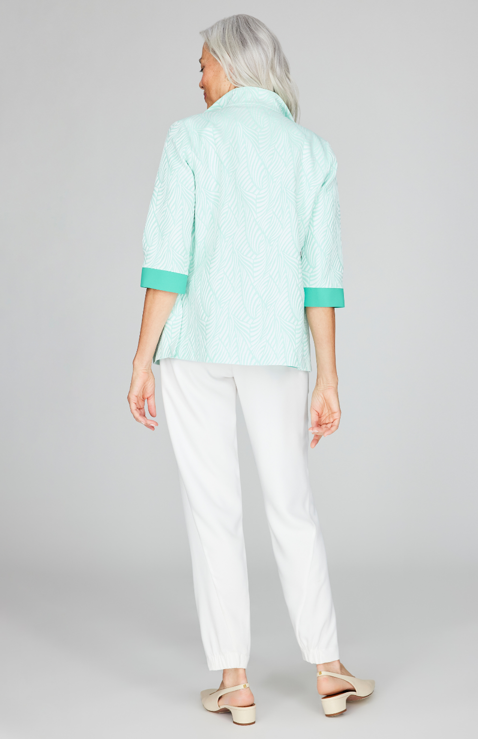 Tonal Botanic Stretch Jacquard Open Front High Neck Shirt Jacket