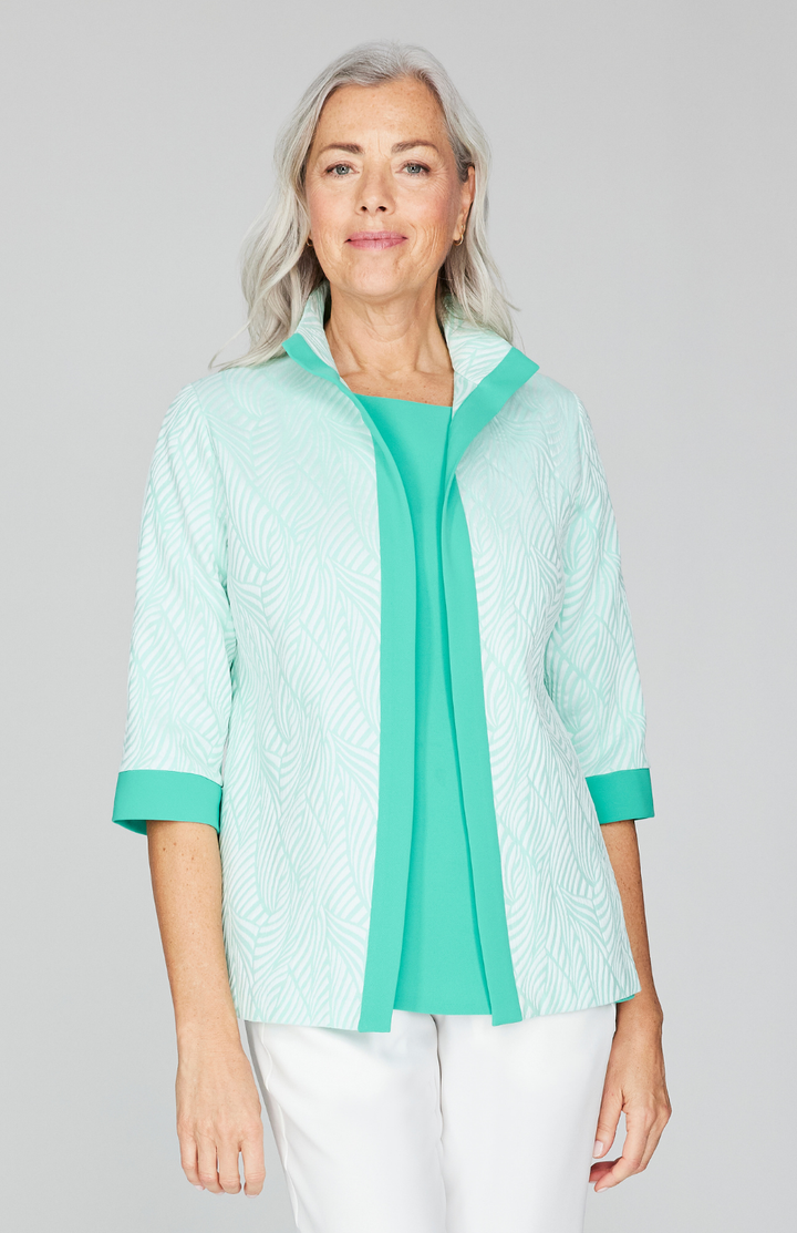 Tonal Botanic Stretch Jacquard Open Front High Neck Shirt Jacket