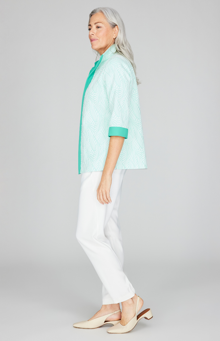 Tonal Botanic Stretch Jacquard Open Front High Neck Shirt Jacket
