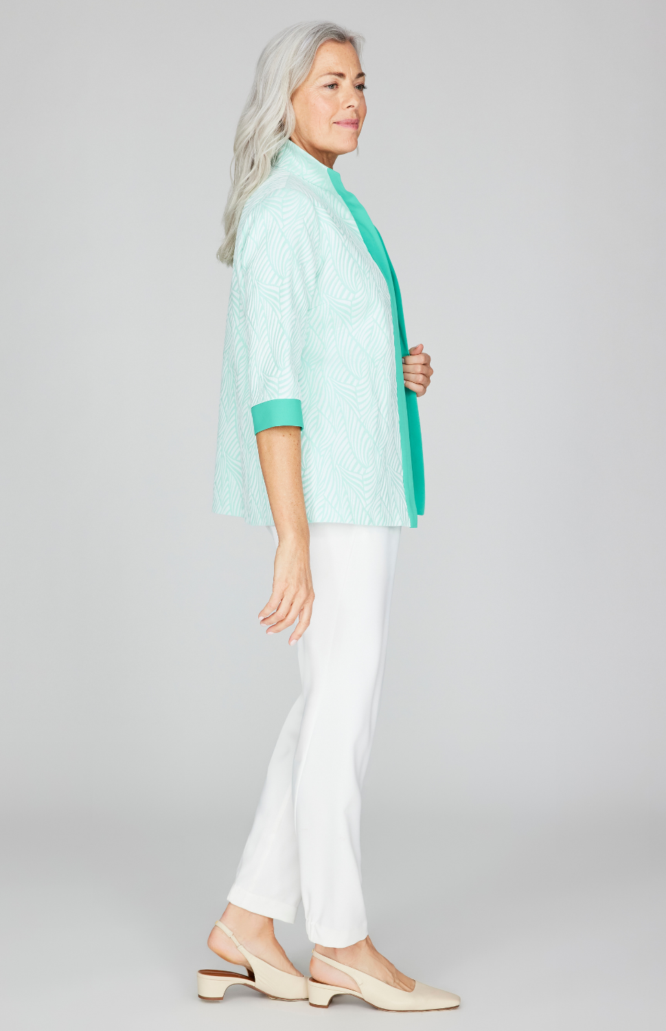 Tonal Botanic Stretch Jacquard Open Front High Neck Shirt Jacket