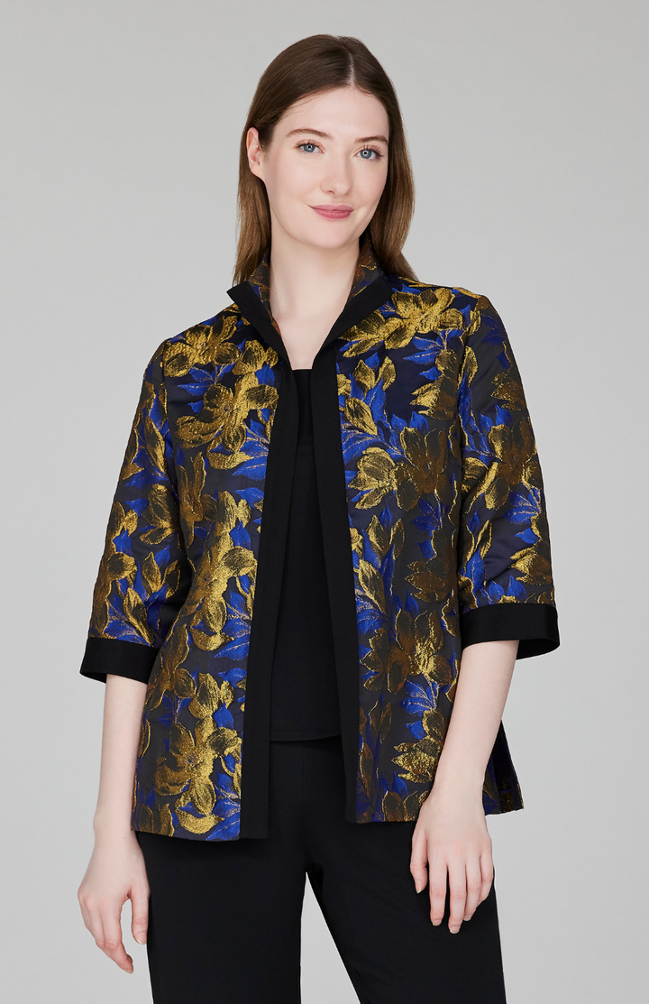 Metallic Magnolia Jacquard Open Front High Neck Shirt Jacket