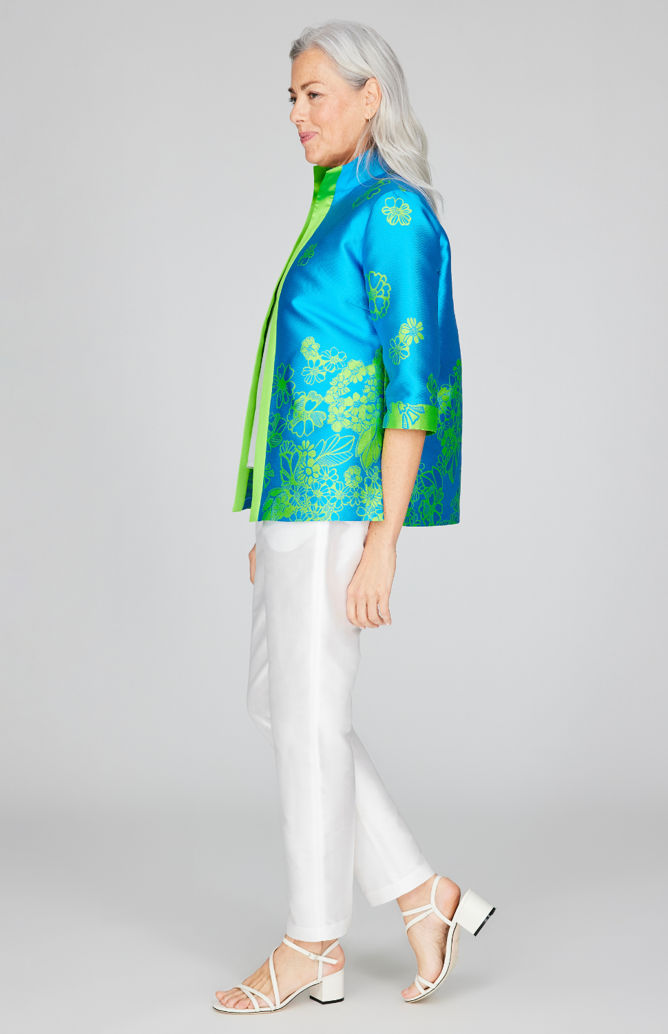 Graphic Flora Jacquard Open Front High Neck Shirt Jacket