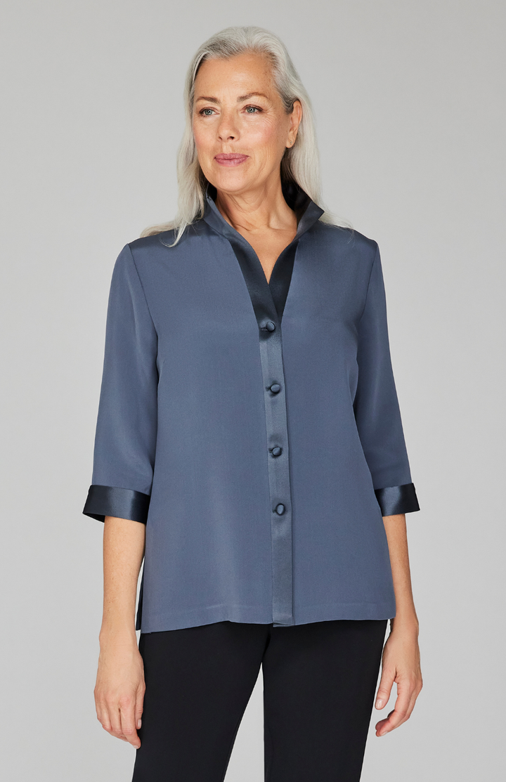 Silk High Neck Shirt w/ Satin Detail