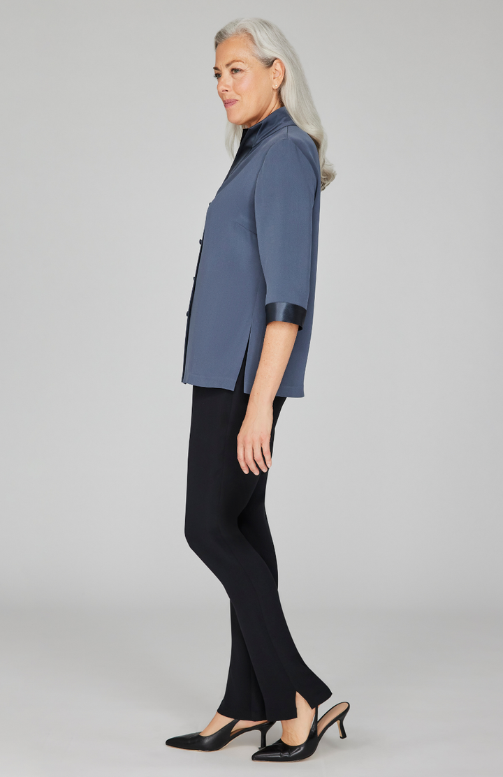 Silk High Neck Shirt w/ Satin Detail