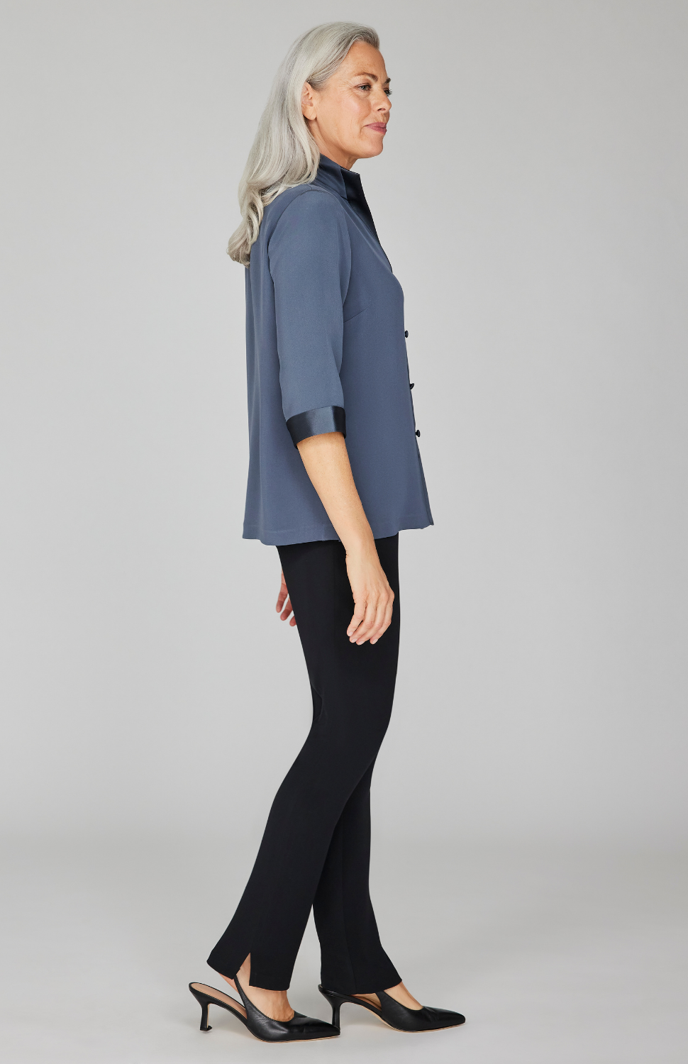 Silk High Neck Shirt w/ Satin Detail