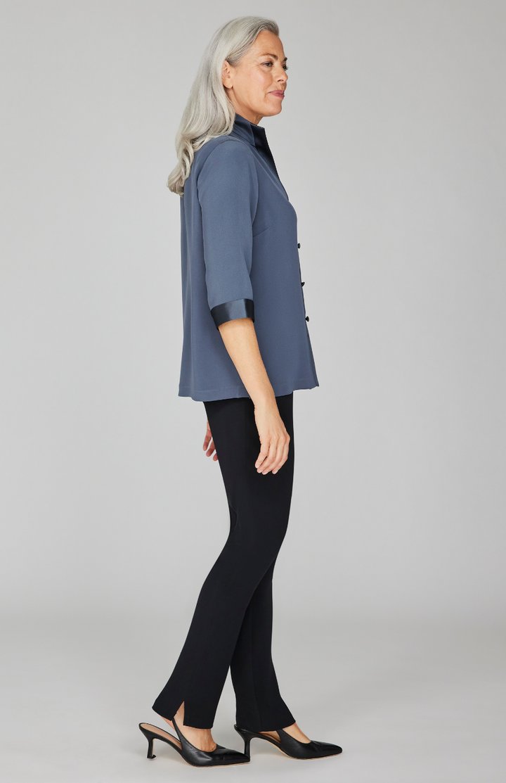 Silk High Neck Shirt w/ Satin Detail