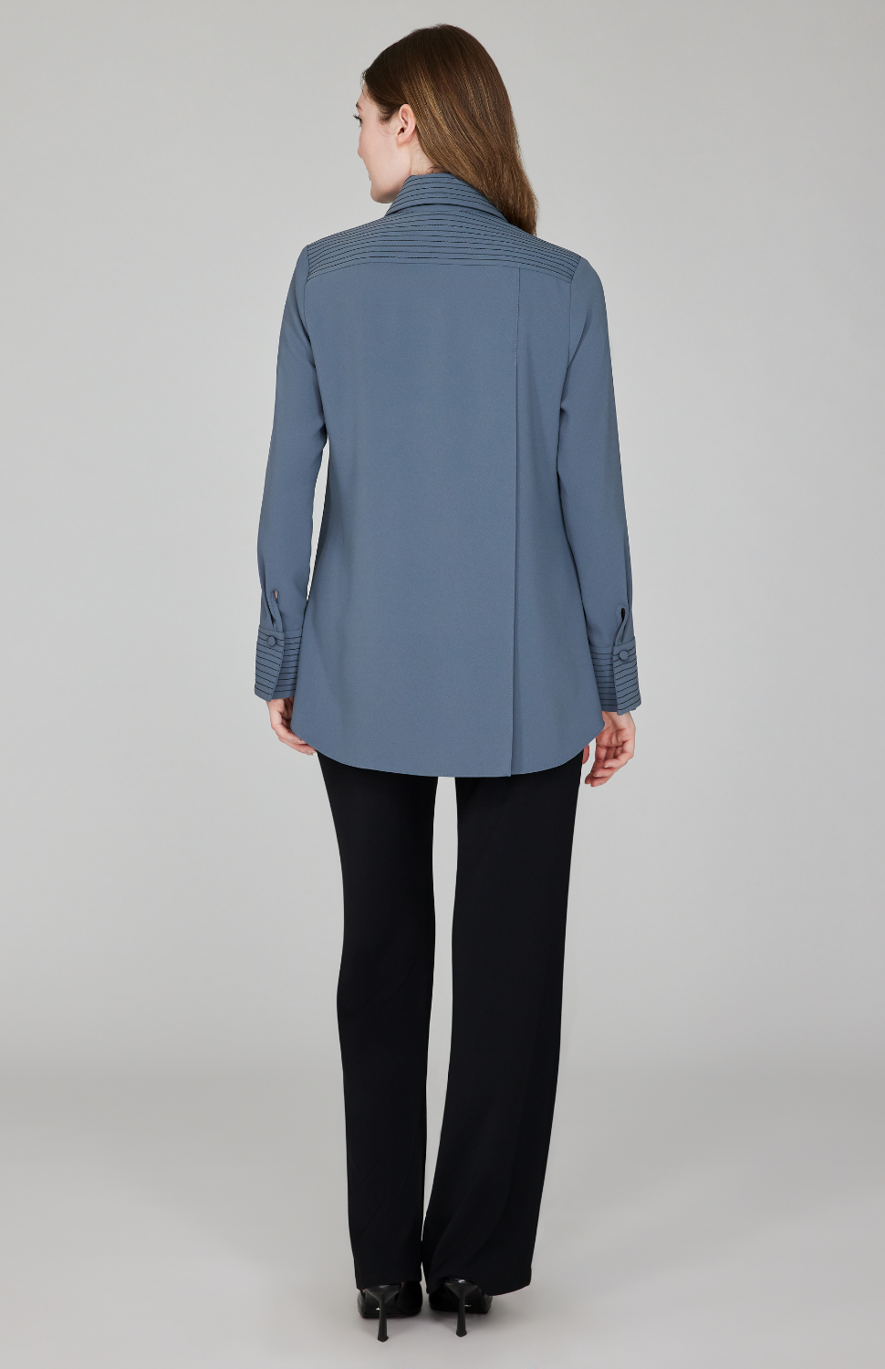 Lustrous Crepe Back Overlap Shirt w/ Trapunto Stitch Detail