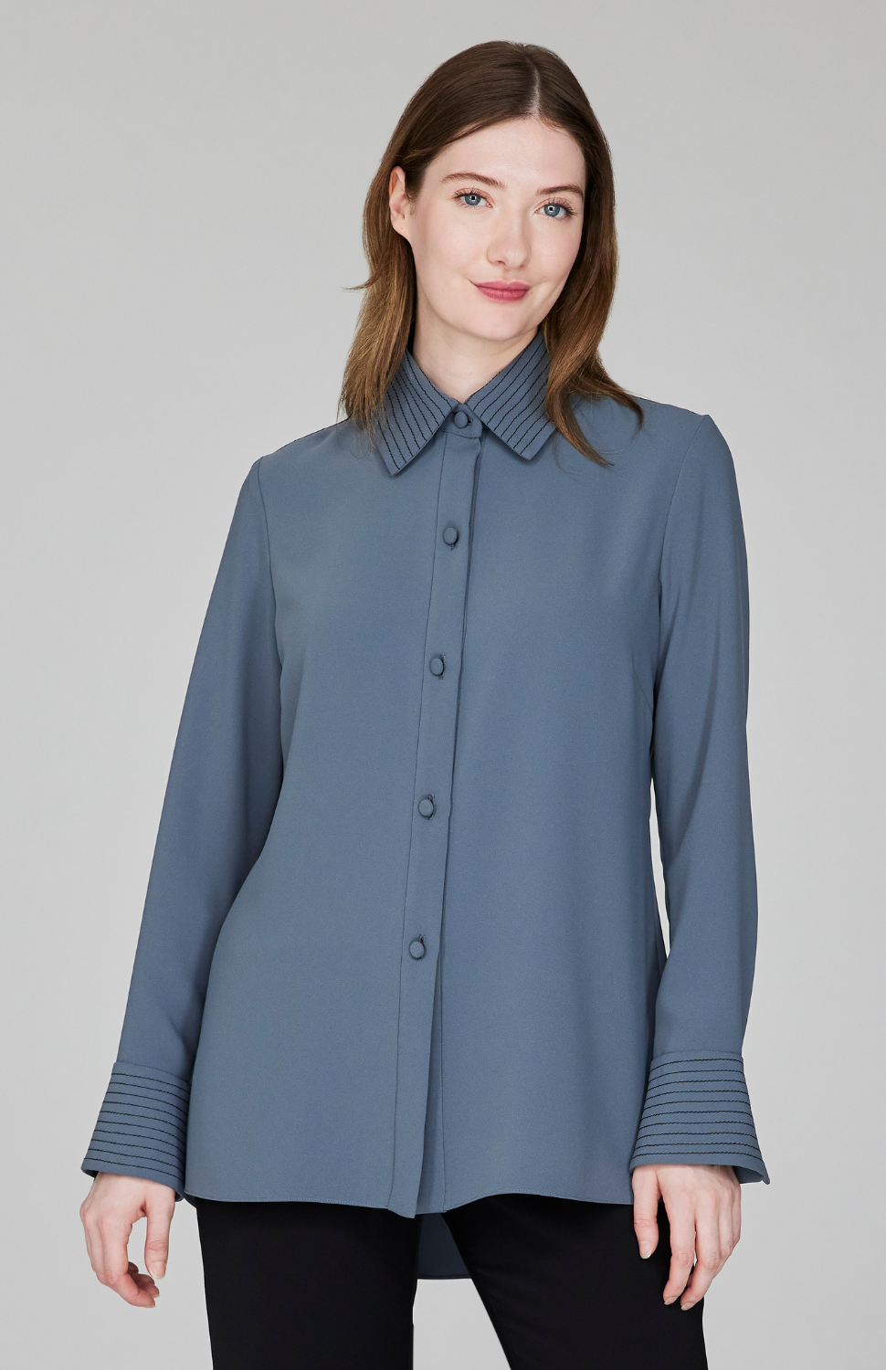 Lustrous Crepe Back Overlap Shirt w/ Trapunto Stitch Detail