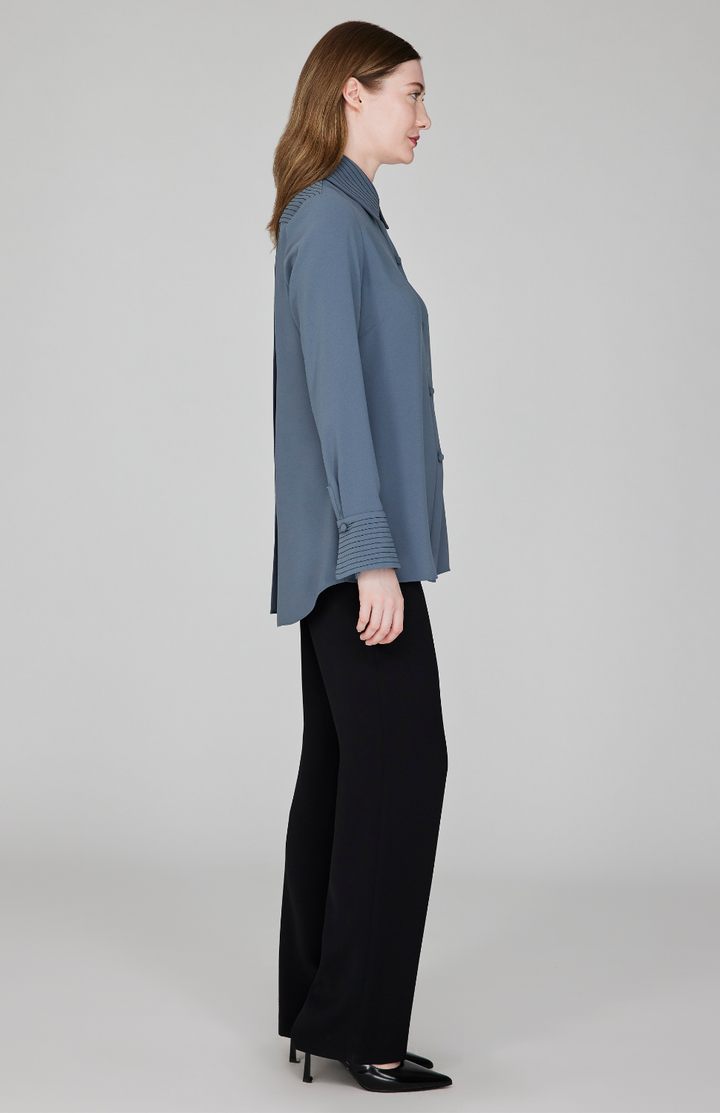 Lustrous Crepe Back Overlap Shirt w/ Trapunto Stitch Detail