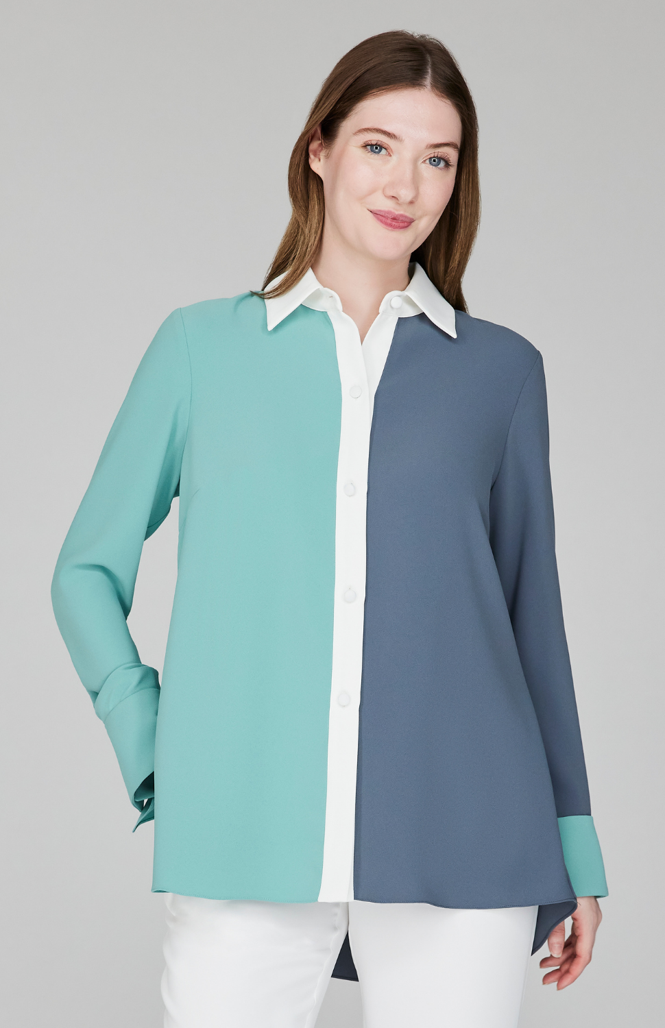 Lustrous Crepe Color Block Back Overlap Shirt