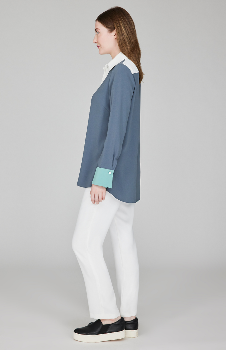 Lustrous Crepe Color Block Back Overlap Shirt - Frost