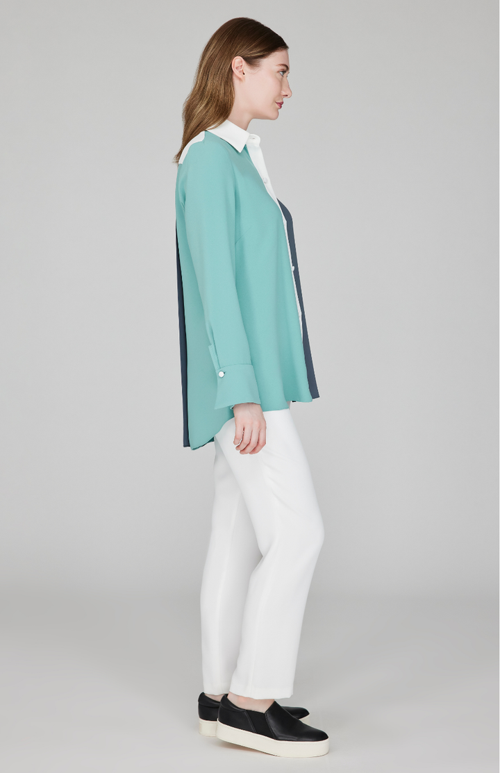 Lustrous Crepe Color Block Back Overlap Shirt - Frost