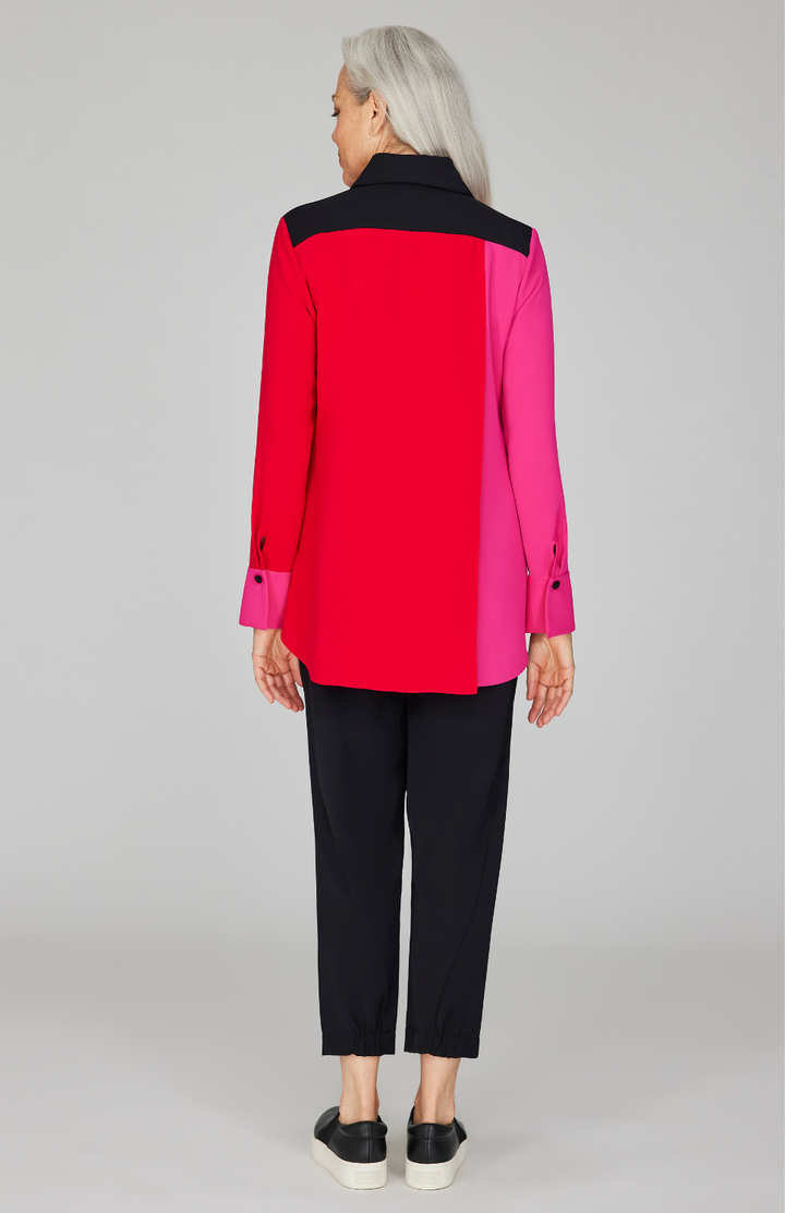 Lustrous Crepe Color Block Back Overlap Shirt- Hibiscus 2