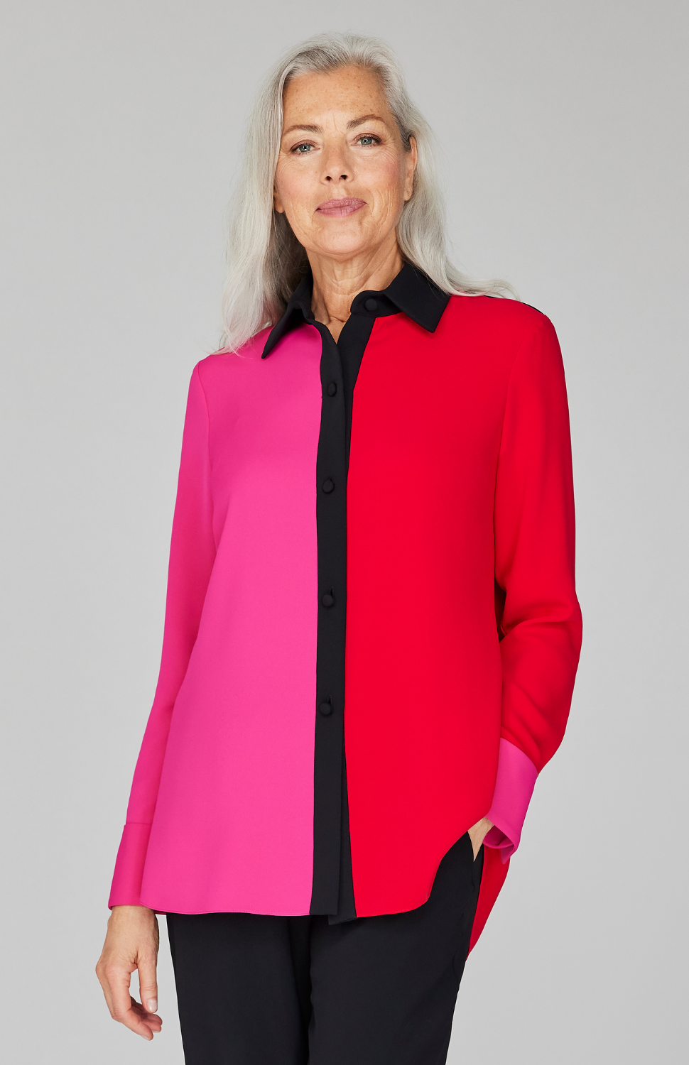 Lustrous Crepe Color Block Back Overlap Shirt- Hibiscus 2