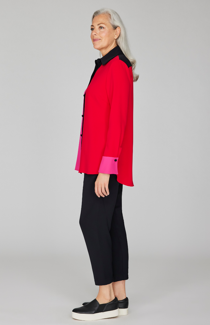 Lustrous Crepe Color Block Back Overlap Shirt- Hibiscus 2