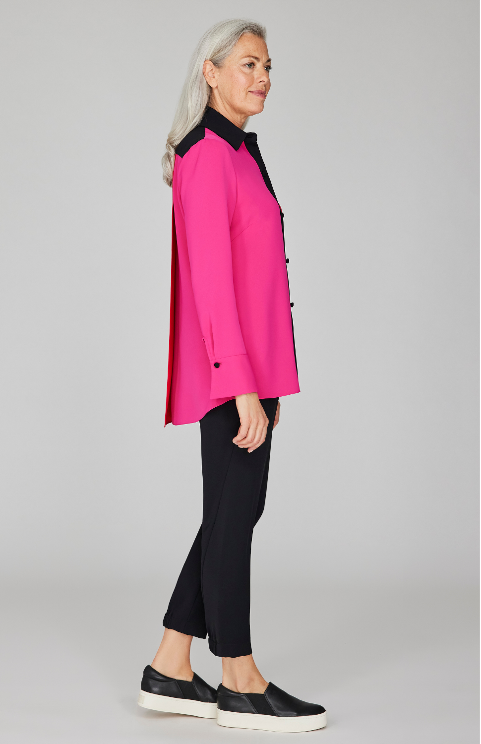Lustrous Crepe Color Block Back Overlap Shirt- Hibiscus 2