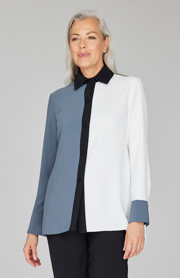 Lustrous Crepe Color Block Back Overlap Shirt - Lunar