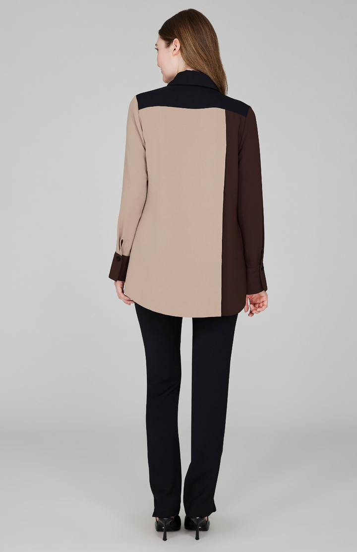 Lustrous Crepe Color Block Back Overlap Shirt - Macchiato