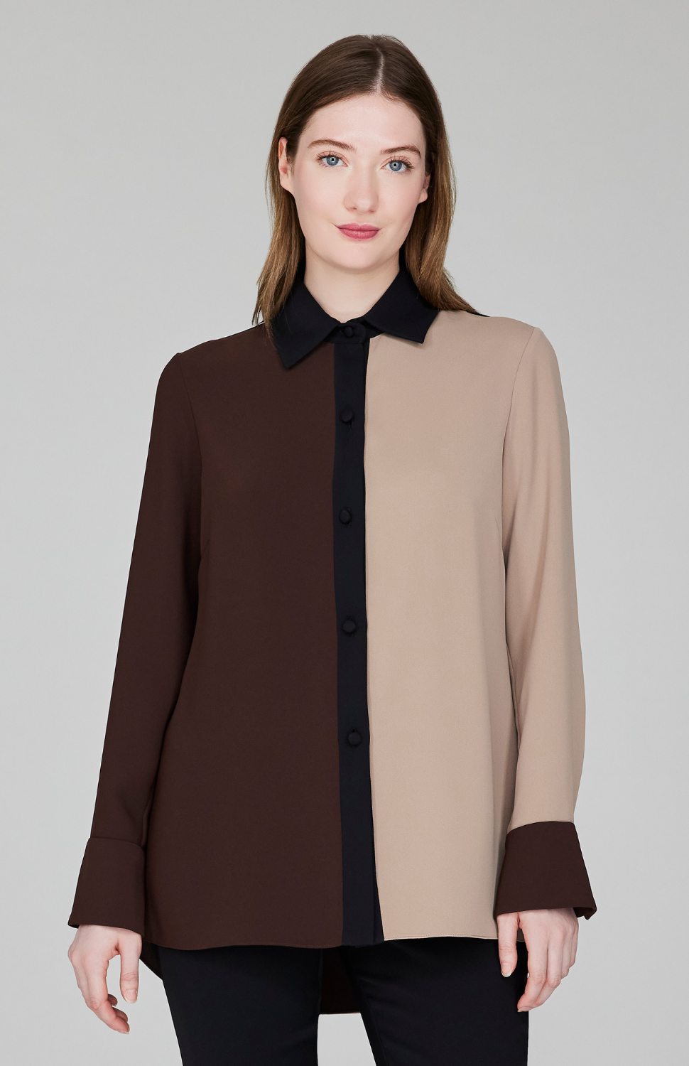Lustrous Crepe Color Block Back Overlap Shirt - Macchiato